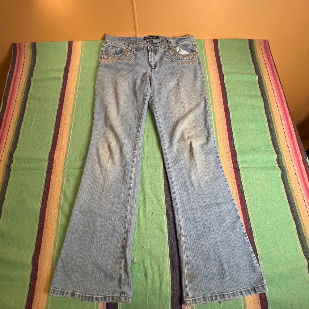 Jeans D. Flare Jeans Womens 13 Blue Embellished Studded Y2K Distressed McBling